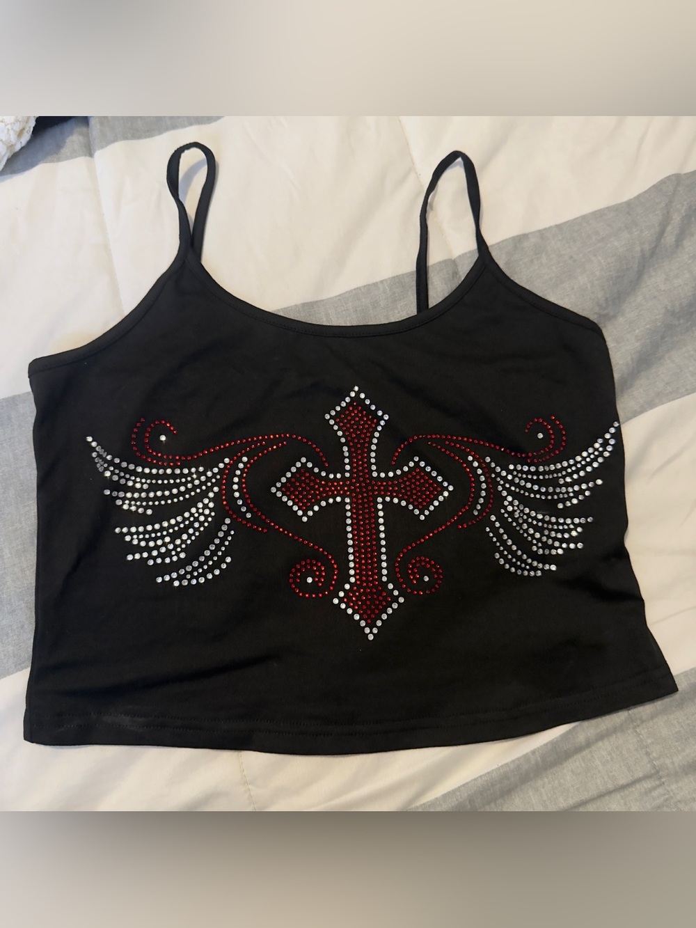 ROMWE Black Cami with Red & Silver Rhinestone Cross Wing Design